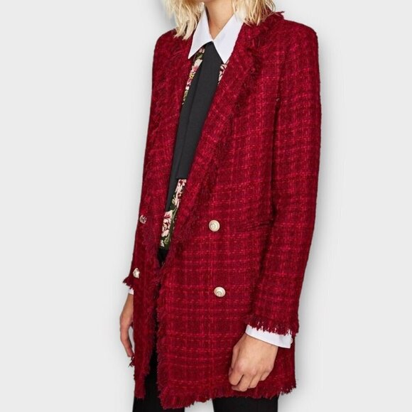 Zara Blogger Favourite Long Tweed Blazer Burgundy - Picture 1 of 14